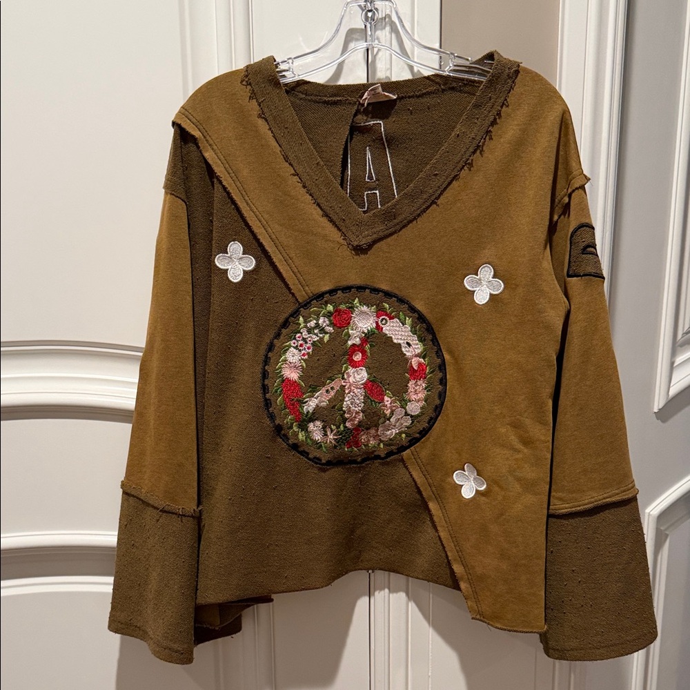 POL Brown Peace Sign Embroidered Hoodie